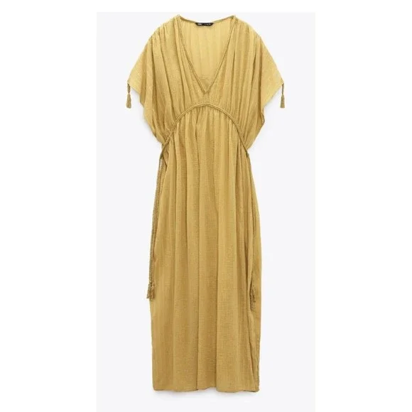 Zara | Dresses | Zara Bnwt Mustard Ochre Kaftan Yellow 0 Cotton Ml Midi  Dress Grecian | Poshmark